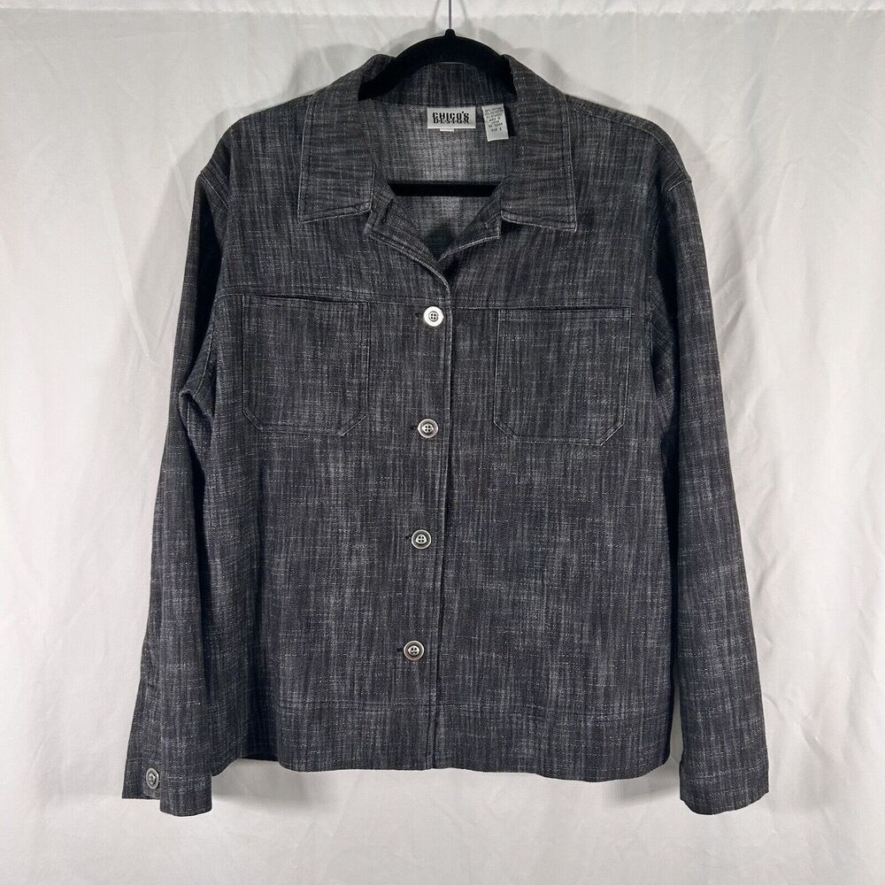 Chico's Jacket Women's Large Grey Button Up Long Sleeve Cotton Blend